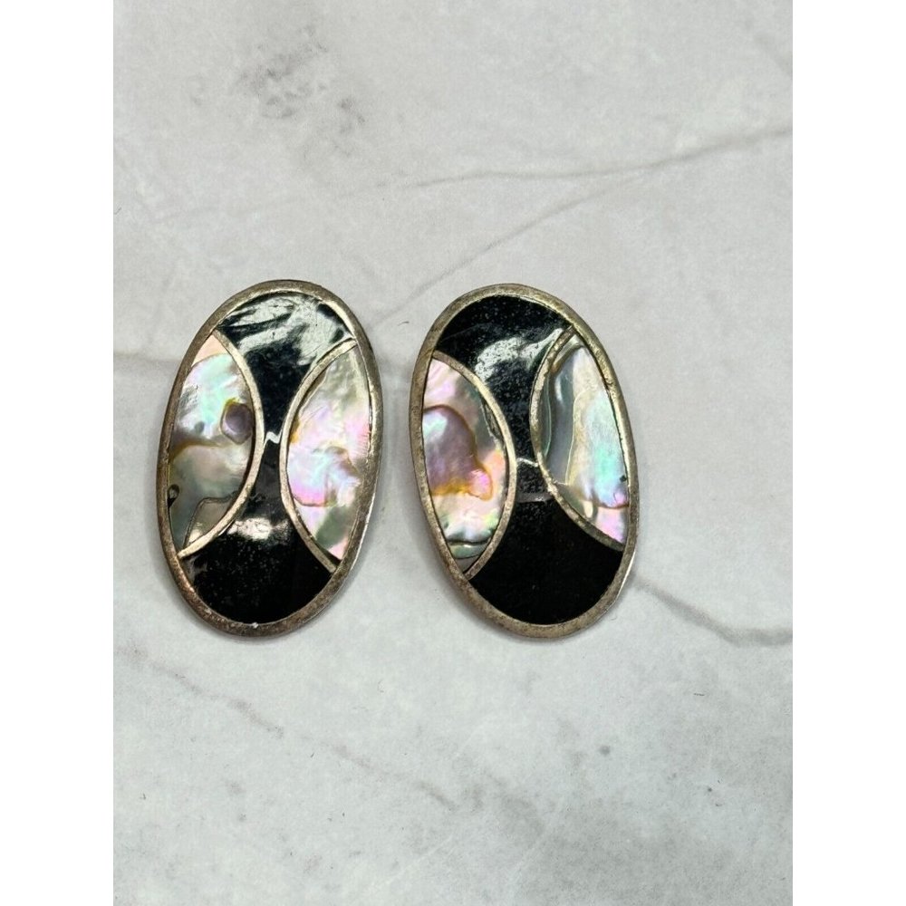 Vintage Southwestern Inlaid Abalone and Onxy Alpaca Clip On Earrings Mexico - Picture 3 of 6